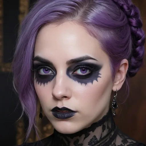 Prompt: a woman with purple hair and black makeup looks at the camera with a serious look on her face and eyes, Aramenta Dianthe Vail, gothic art, realistic shaded perfect face, a photorealistic painting