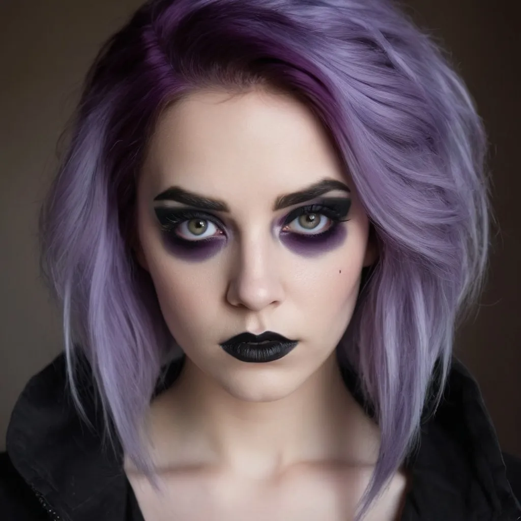 Prompt: a woman with purple hair and black makeup looks at the camera with a serious look on her face and eyes, Aramenta Dianthe Vail, gothic art, realistic shaded perfect face, a photorealistic painting