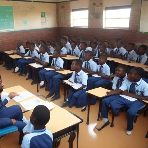 Prompt: A male teacher is talking to the class of 15 pupils.