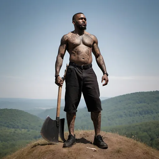 Prompt: A tattooed black man standing on a hill top with an axe and a riffle in his hands 
