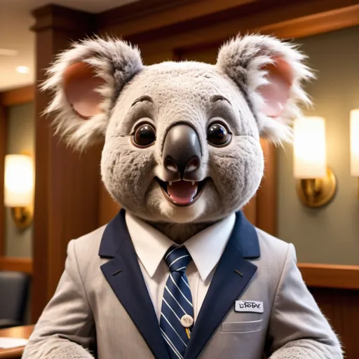 Prompt: Koala receptionist, Disney style, cute, detailed fur, professional attire, hotel setting, warm lighting, welcoming smile, high quality, detailed facial features, adorable, Disney style, detailed fur, professional attire, hotel setting, warm lighting