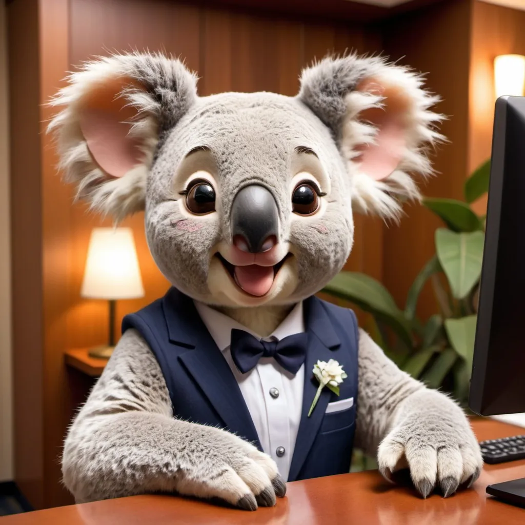 Prompt: Koala receptionist, Disney style, cute, detailed fur, professional attire, hotel setting, warm lighting, welcoming smile, high quality, detailed facial features, adorable, Disney style, detailed fur, professional attire, hotel setting, warm lighting