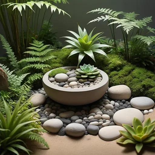 Prompt: 
I can certainly help you visualize a concept for a picture that incorporates soft stone and plants. Here’s a descriptive idea:

Concept: Zen Garden Tranquility

Materials:

Soft stone (such as smooth river rocks or tumbled pebbles)
Green plants (like ferns, moss, and small succulents)
Composition:
Background:

Use a soft gradient background that transitions from a light sky blue at the top to a gentle beige at the bottom, mimicking the sky meeting the earth.
Base:

Scatter a layer of fine, white sand across the base to create a serene, zen-like ground.
Place soft stones in clusters, creating natural, winding paths through the sand.
Plant Placement:

Integrate lush green ferns along the paths, with their fronds gently arching over the stones.
Position small mounds of moss around the base of the stones, adding a rich, verdant texture.
Dot the scene with tiny succulents, their geometric shapes providing contrast to the organic lines of the ferns and moss.
Additional Elements:

Add a small water feature, like a miniature stone basin with water gently trickling into it, reflecting the surrounding greenery.
Include a bamboo fountain or a few bamboo stalks to enhance the zen aesthetic.
Lighting:

Soft, diffused lighting from above, mimicking natural sunlight filtering through tree leaves, casting gentle shadows and highlighting the textures of the plants and stones.
This description can help you visualize or guide the creation of an actual image. If you need a specific digital or hand-drawn image, you might consider using design software like Adobe Photoshop, or seeking help from a graphic designer or illustrator.
