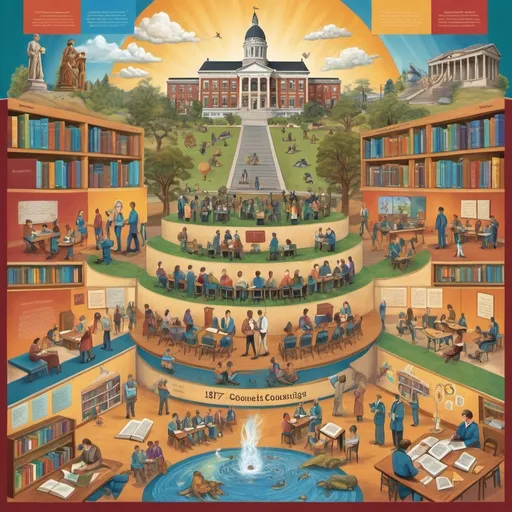 Prompt: (vibrant illustration of higher education from 1870 to 1970), depicting the progression from ancient methods to modern counseling, showcasing diverse learners and educators, (inspiring atmosphere), colorful evolution stages, (highly detailed), a visual celebration of knowledge and growth in education.