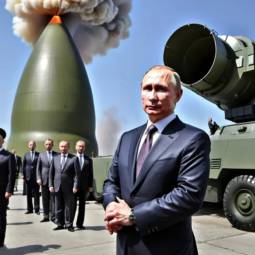 Prompt: Vladimir Putin devant une bombe nucleaire prete a etre tirer sur l'ukraine