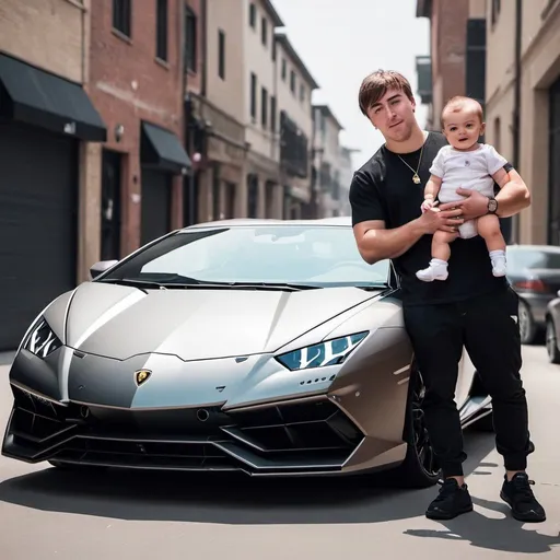 Prompt: create my mr beast withe an baby in a lamborghini 