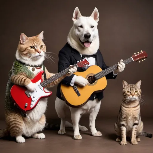 Prompt: an cat with an dog with an horses with an crocodile we playing guitare