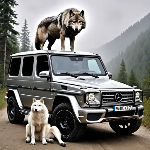 Prompt: create me an picture with an mercedes class g and a wolf
