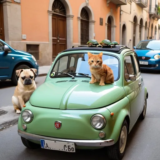 Prompt: a cat a dog with a turtle in a fiat 500
