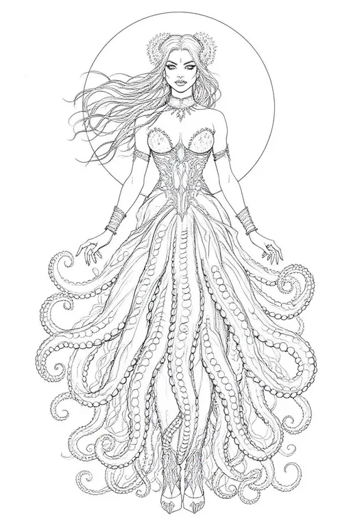 Prompt: Replace her feet with tentacles turn this image compleatly.Black and white coloring page