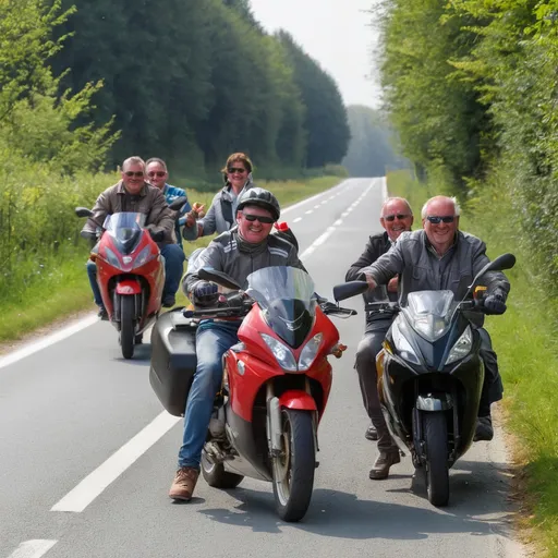 Prompt: happy motor club people 
taking a brake along the road in belgium, the ardens