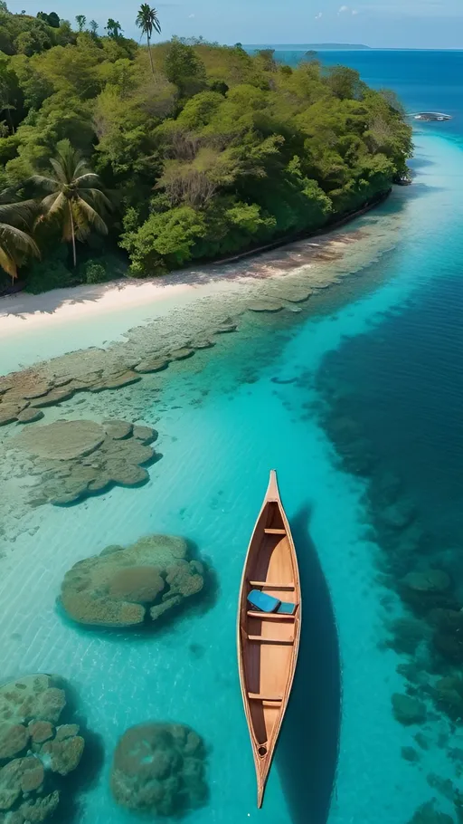 Prompt: bird eye view, wallpaper, Koh Kood Island in Thailand, two Transparent canoe . Against a backdrop of blue skies and crystal-clear turquoise waters, The entire scene exudes a sense of serenity, relaxation, and vacation vibes.