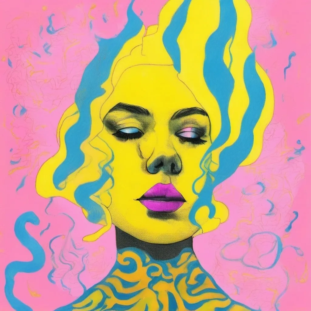 Prompt: Pop art, a woman with blue hair, pink smoke coming out of her head, a yellow background donald trump the word tremendous across the front