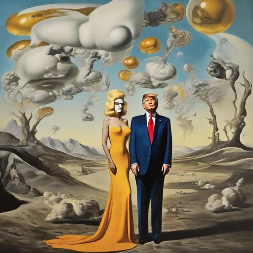 Prompt: Salvador Dalí style vision, surrealist, dreamlike, precise, melting Donald Trump wearing a gown and word bubble with tremendous in it