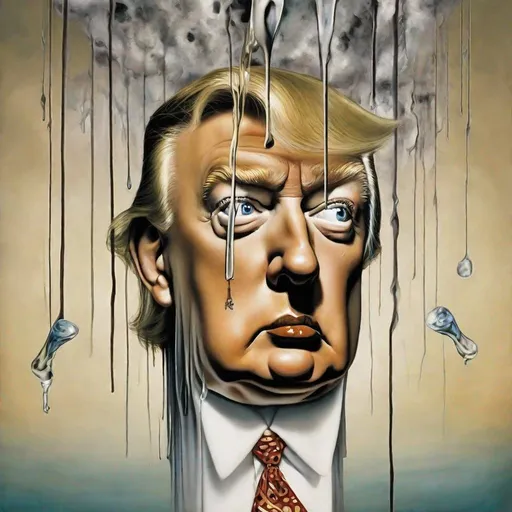 Prompt: Salvador Dalí style vision, surrealist, dreamlike, precise, melting donald trump in a dress and the word truth hanging from his lips