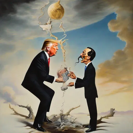 Prompt: Salvador Dalí style vision, surrealist, dreamlike, precise, melting the word tremendous , donald trump kissing joe bidens 