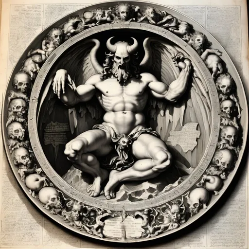 Prompt: Detailed 17th century etch of satan on earth, hatched