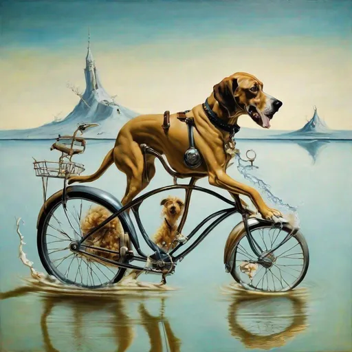 Prompt: Salvador Dalí style vision, surrealist, dreamlike, precise, melting dog on a bike riding on water