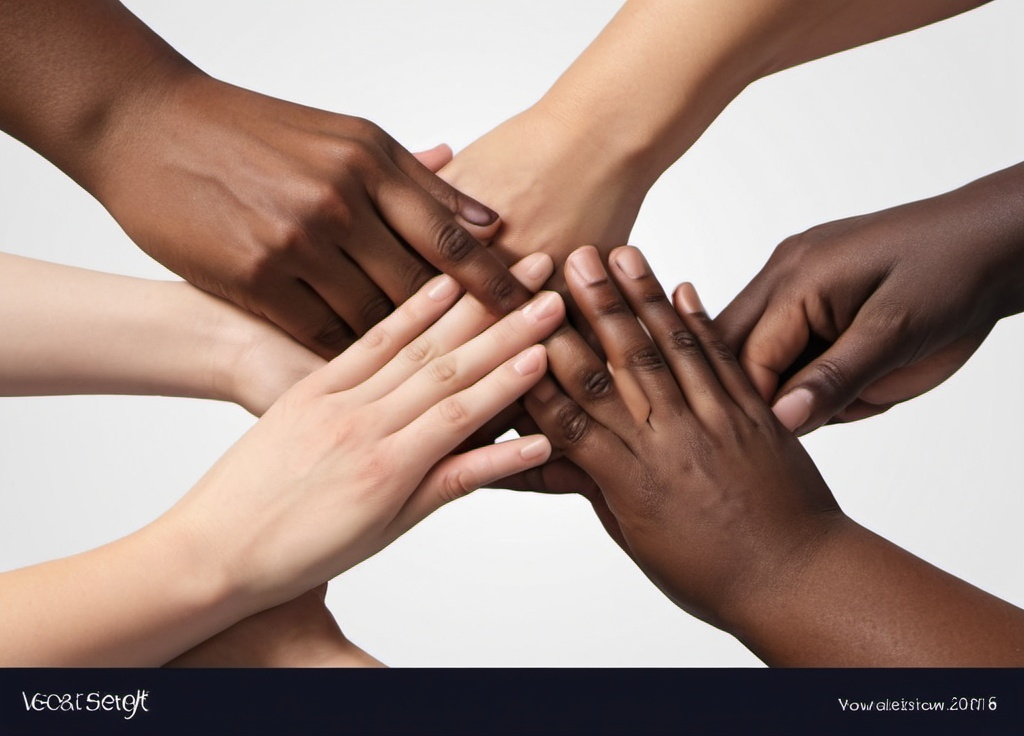 Prompt: Create a circular logo of real people's hands being held together, empowered. Include only white people's hands.
