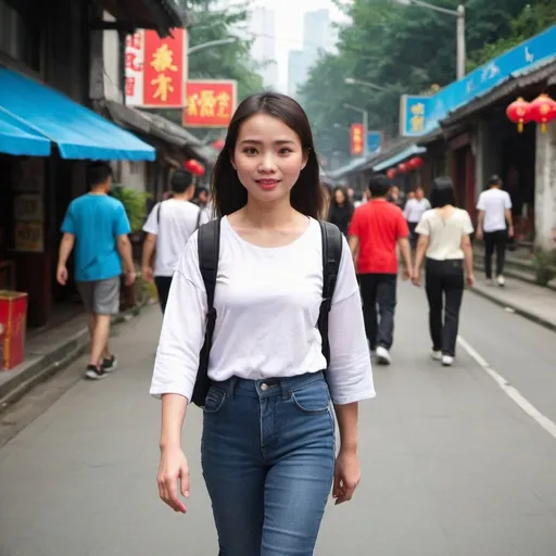 Prompt: a Philippine girl walk on the street of the Chengdu China