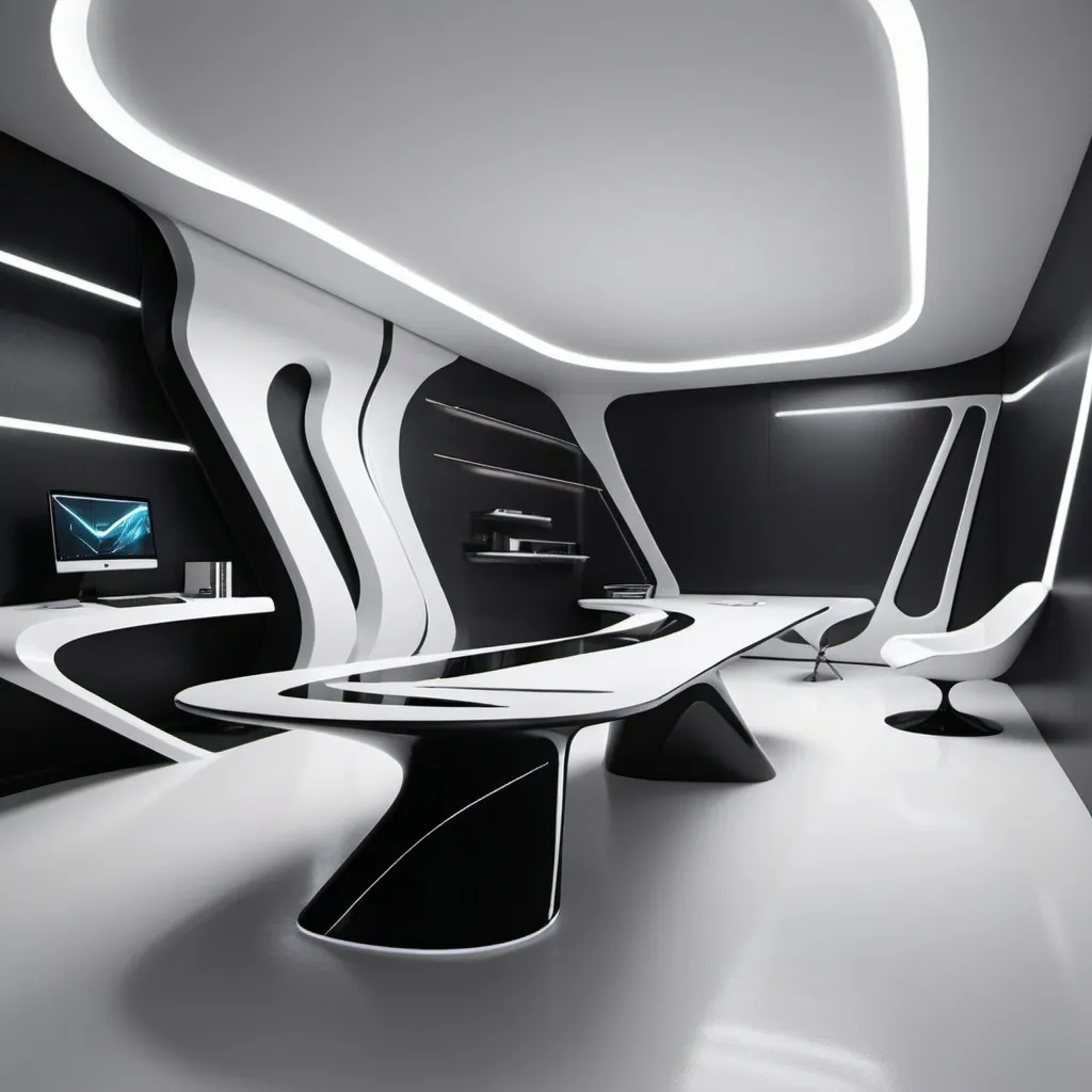 Prompt: Creative minimal futuristic Law room concept inspired by zaha hadid