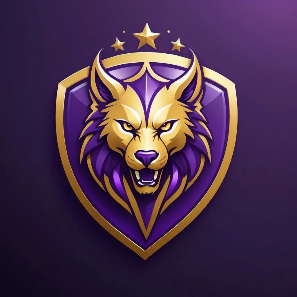 Prompt: Design an american football team logo with an animal, the team colors should be purple and gold, the animal should fit the theme  magic.