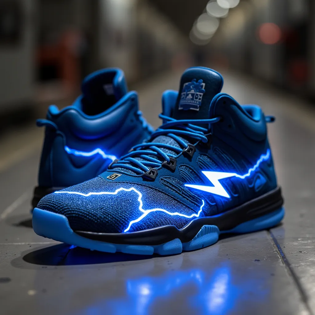 Prompt: Stylish sneakers, with a blue lightning bolt on the sides and the text saying blue thunderbolt