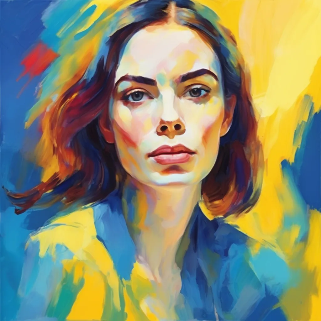 Prompt: Portrait woman, fauvism, bright colors expressive brushstrokes, backdrop soft yellow blue gradient