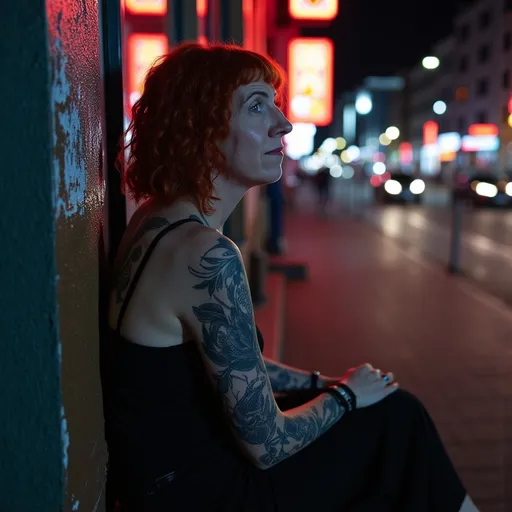 Prompt: (vivid image of a woman with red hair, piercings and tattoos), sitting on a ledge, city street at night, rich neon lights reflecting on the pavement, (Anka Zhuravleva style), intricate tattoos visible on her arms, (aestheticism), vibrant urban ambiance, moody and mysterious atmosphere, capturing the essence of nighttime city life, (4K resolution), ultra-detailed, high-quality imagery.