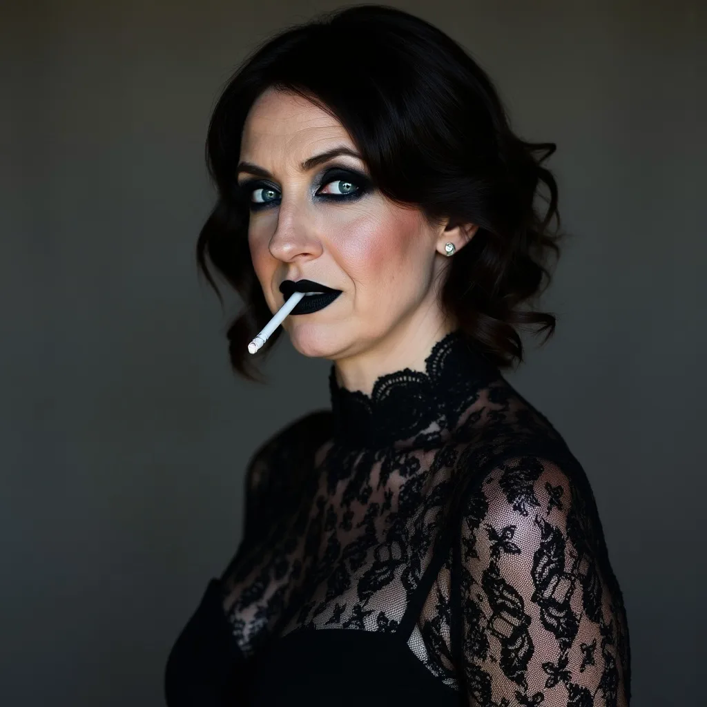 Prompt: a woman with black makeup and a cigarette in her mouth and a black lace dress with a black lace collar, Carla Wyzgala, gothic art, gothic, a character portrait