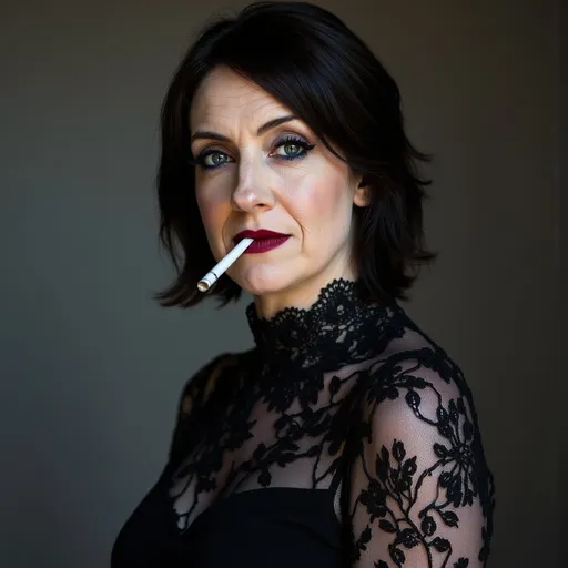 Prompt: a woman with black makeup and a cigarette in her mouth and a black lace dress with a black lace collar, Carla Wyzgala, gothic art, gothic, a character portrait