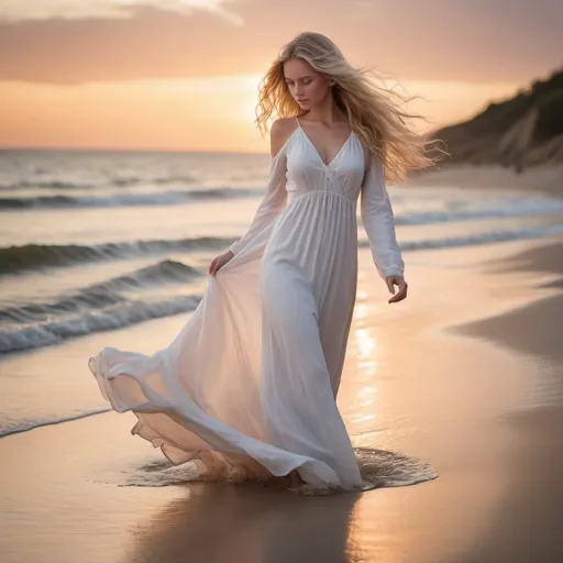 Prompt: A blonde girl with blue eyes, her long, wavy hair cascading over her shoulders, stands on a soft sandy beach at sunset. She is wearing a long, flowing white dress made of lightweight fabric, fluttering in the breeze. The girl is barefoot, gently touching the seawater as it moves back and forth with the calm waves. In the background, the sky is a blend of orange and pink hues, with thin clouds reflecting the sunset colors. Tall palm trees can be seen on the side of the beach, their shadows stretching across the sand. The scene highlights a beautiful contrast between the white dress and fair skin with the warm tones of the sky and water.Style Enhancements:Photography Style: Use natural soft lighting effects to highlight the details of the face and hair, with a special focus on the golden light of the sunset reflecting on the blonde hair and skin.Art Style: Consider using a photorealistic or oil painting style to enhance the accuracy of the skin and hair details, with an emphasis on natural colors and contrast.Overall Style: Add shadowing and shading effects on the face and body to create depth, focusing on the movement of the dress and hair in the wind.Camera Angle: Capture the scene from a low angle, with the girl in the foreground and the beach and sea extending into the background, creating a sense of depth and flow in the image.Background Details: Use fine effects to depict the movement of the water and light refractions on the sea surface, emphasizing the waves and shadows on the sand.