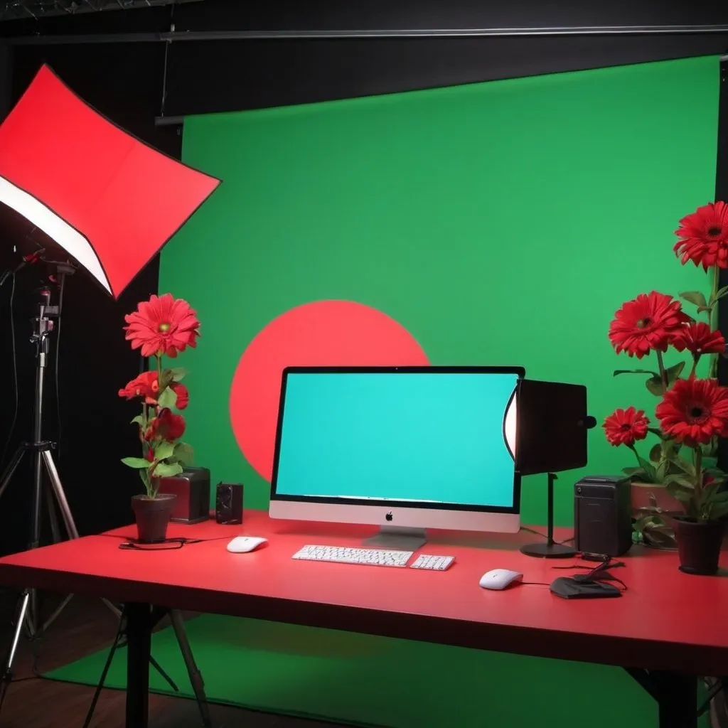 Prompt: A background for my video preferably a studio like background

create a green screen background with a similar style, featuring a blend of red and blue lights with some abstract shapes. Let me generate that for you.
you add a little more stuff to look like a original setup like table in back 
A big computer with a glowing background just behind the centre and a showpiece flower with contrast on it on the other side
Image minimum 2 mb
