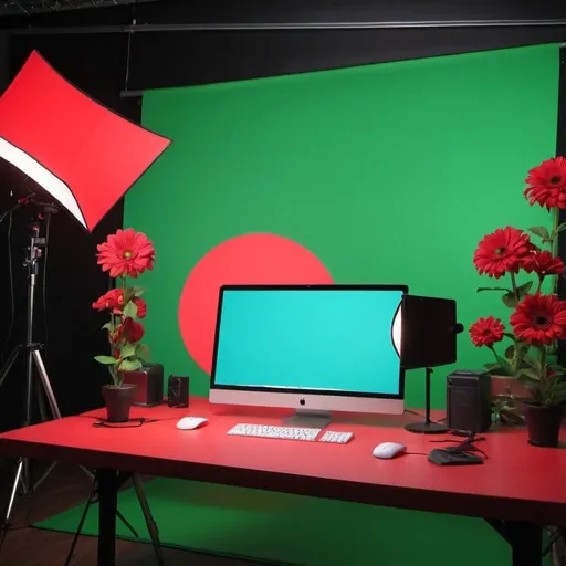 Prompt: A background for my video preferably a studio like background

create a green screen background with a similar style, featuring a blend of red and blue lights with some abstract shapes. Let me generate that for you.
you add a little more stuff to look like a original setup like table in back 
A big computer with a glowing background just behind the centre and a showpiece flower with contrast on it on the other side
Image minimum 2 mb
