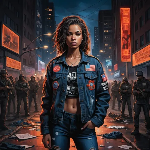 Prompt: Create a highly detailed, intense urban night scene, reflecting themes of social criticism, military sacrifice, and frustration. The setting includes a cityscape with tall buildings, neon signs, and billboards displaying sensational news headlines and political propaganda. The main character is a young woman in her early 20s with a fierce and determined expression, dressed in a rugged jacket with military patches, combat boots, and jeans, standing at the center holding a banner that reads ‘Justice for All.’ Surrounding her are symbols of societal issues: homeless veterans, protesters with signs, and media vans. The background features buildings covered in graffiti and posters, some honoring military service, others with messages of protest. Use dynamic lighting to highlight the contrast between the bright city lights and dark alleys, symbolizing the struggle between truth and media manipulation. Include elements like broken chains, shattered glass, and barbed wire to represent the fight against oppression, with a color palette of dark tones, bright neon lights, and contrasting reds and oranges against deep blues and blacks.