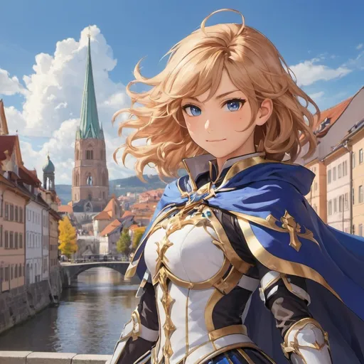 Prompt: Create an anime-style portrait of Jean from Genshin Impact in a dynamic fighting pose. Jean should be depicted in her Knights of Favonius uniform, with her sword drawn and ready for battle. The background should showcase the picturesque city of Mondstadt, with its iconic windmills, cobblestone streets, and the towering Favonius Cathedral in the distance. The scene should capture the essence of action and determination, with Jean’s hair and cape flowing as if caught in the wind. The lighting should be bright, reflecting the vibrant and heroic atmosphere of Mondstadt. Ensure the details of her outfit, facial expression, and the cityscape are accurately represented, emphasizing the high quality and immersive nature of the artwork.