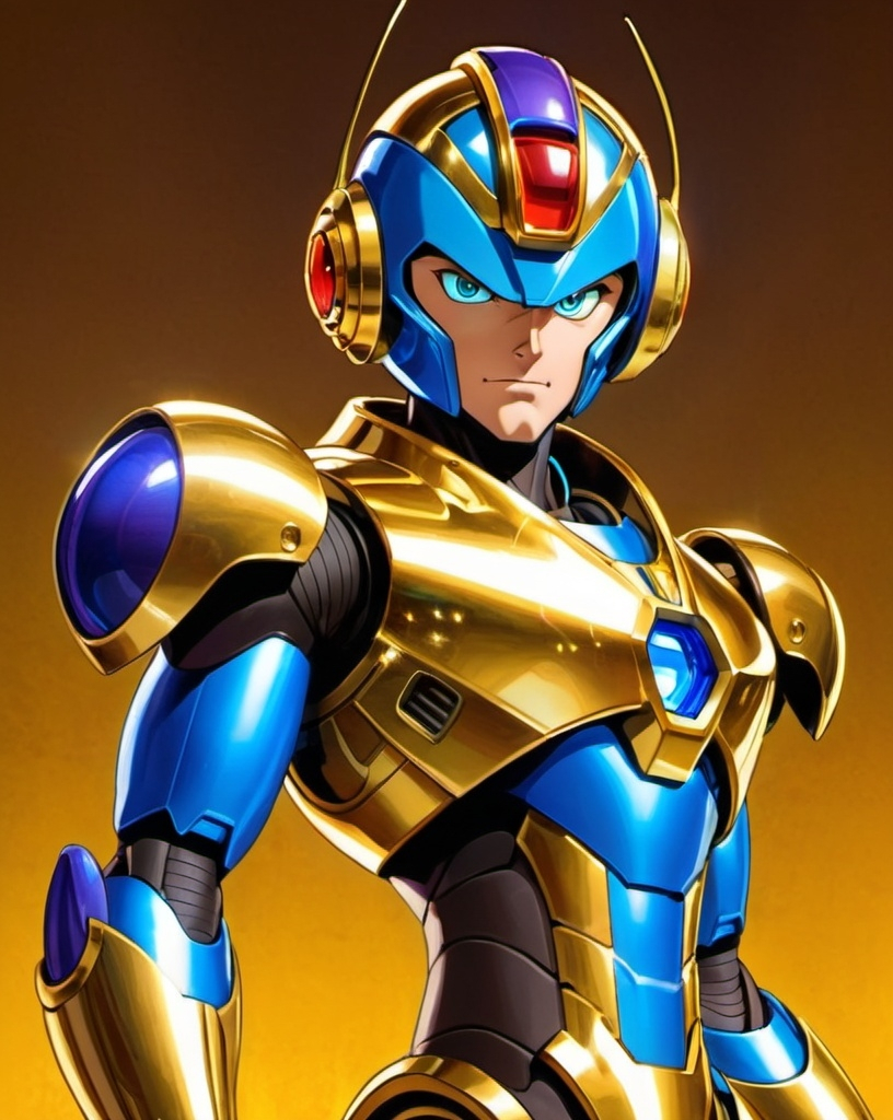 Prompt: "Portrait of Megaman X in a sleek, futuristic design, featuring golden armor and intricate details. The background should be a high-tech, sci-fi setting with neon lights and digital elements. The lighting should highlight the reflective surfaces of the gold armor, emphasizing the character's heroic and powerful stance."