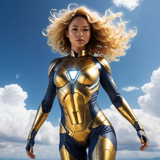 Prompt: Create a highly detailed image of Iron Woman in a sleek, iron suit costume, dark and yellow color, revealing her face. Position her in a dynamic flying pose with her body angled slightly forward as if accelerating through the sky. Her costume should be intricately designed with visible rivets, seams, and glowing energy repulsors, showcasing advanced technology and precision craftsmanship. The suit should have intricate paneling and glowing elements, with reflections and light glints that accentuate the metallic texture. The costume should also appear damaged, with visible tears and exposed underlying technology. The background should feature a vast expanse of clear blue sky with a few wispy, soft clouds to enhance the sense of height and movement. Her hair should be yellow, flowing freely in the wind as she flies.