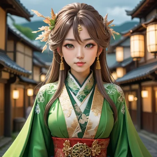 Prompt: Create a highly detailed portrait of a Japanese woman in anime style, inspired by the Genshin Impact aesthetic. She is wearing a green-themed costume with intricate designs, including elaborate patterns, ornate accessories, and flowing fabric. Her outfit should reflect a blend of fantasy and elegance, with elements like a high collar, decorative buttons, and a flowing cape. 

The background is the vibrant city of Mondstadt, featuring its iconic windmills, lush greenery, medieval architecture, and cobblestone streets. Ensure the background is detailed, with visible elements of the cityscape adding depth and richness to the scene.

The lighting should be ethereal and soft, casting a gentle glow on the character, highlighting her features and the intricate details of her costume. Her pose should be dynamic and elegant, as if she's caught in a moment of graceful movement, adding a sense of liveliness and fantasy to the portrait.

Keywords: anime style, Japanese woman, Genshin Impact, green costume, intricate design, Mondstadt background, highly detailed, vibrant colors, ethereal lighting, dynamic pose, high resolution, SDXL quality.