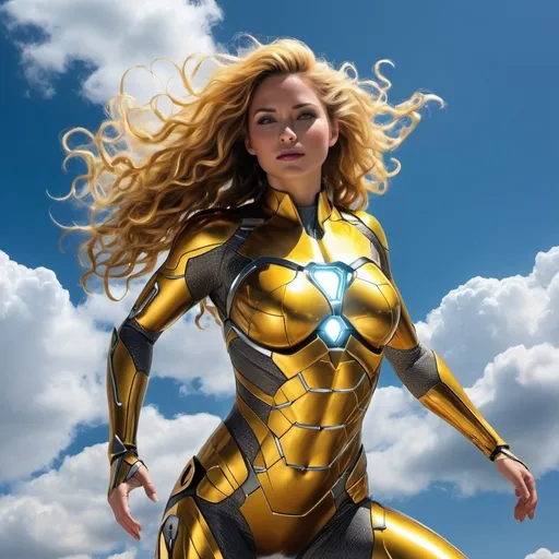 Prompt: Create a highly detailed image of Iron Woman in a sleek, dark yellow costume, without an iron mask, revealing her face. Position her in a dynamic flying pose with her body angled slightly forward as if accelerating through the sky. Her costume should be intricately designed with visible rivets, seams, and glowing energy repulsors, showcasing advanced technology and precision craftsmanship. The suit should have intricate paneling and glowing elements, with reflections and light glints that accentuate the metallic texture. The costume should also appear damaged, with visible tears and exposed underlying technology. The background should feature a vast expanse of clear blue sky with a few wispy, soft clouds to enhance the sense of height and movement. Her hair should be yellow, flowing freely in the wind as she flies.