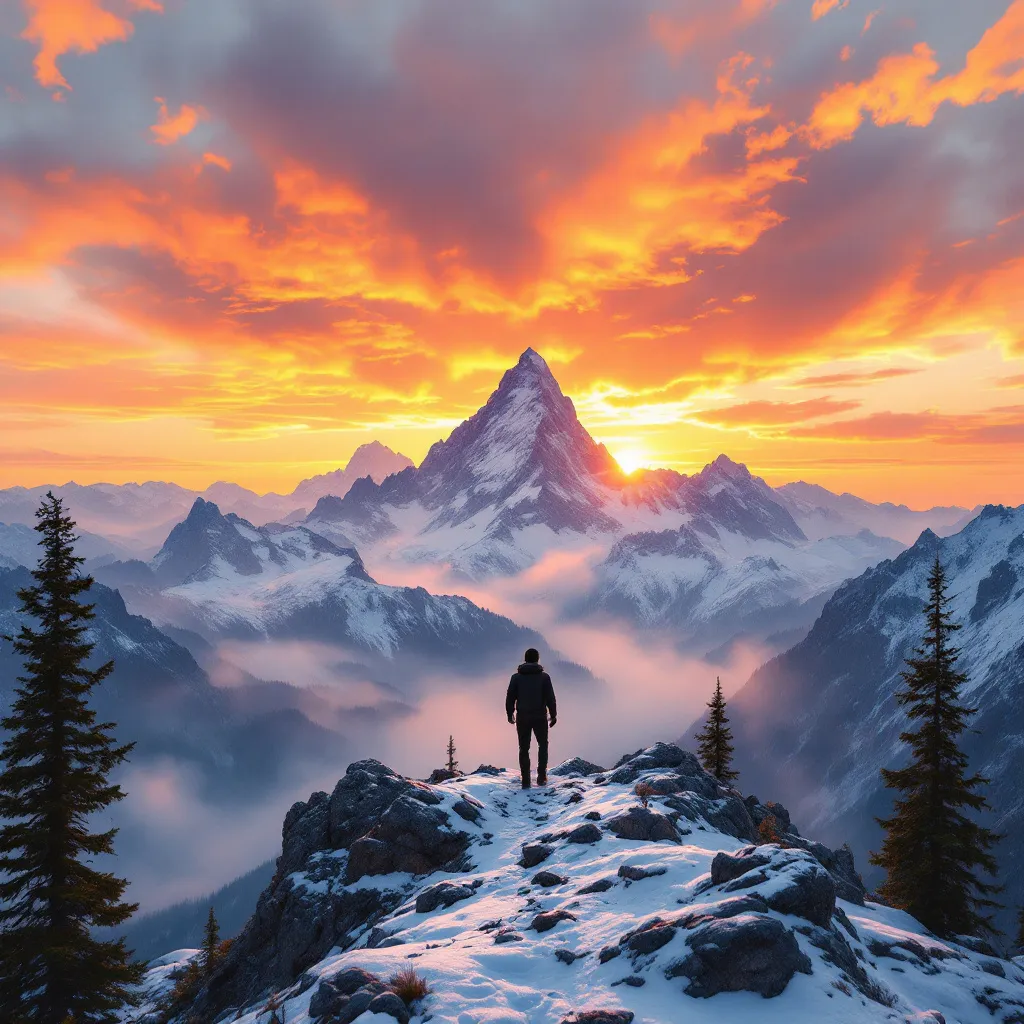 Prompt: silhouette of a man walking on mountain summits at sunrise, dramatic sunrise colors, warm orange and soft pink hues blending in the sky, vast mountain range with sharp peaks, tranquil and peaceful ambiance, atmospheric mist rising from the valleys, high detail and clarity, ultra-detailed, capturing the essence of freedom and exploration.