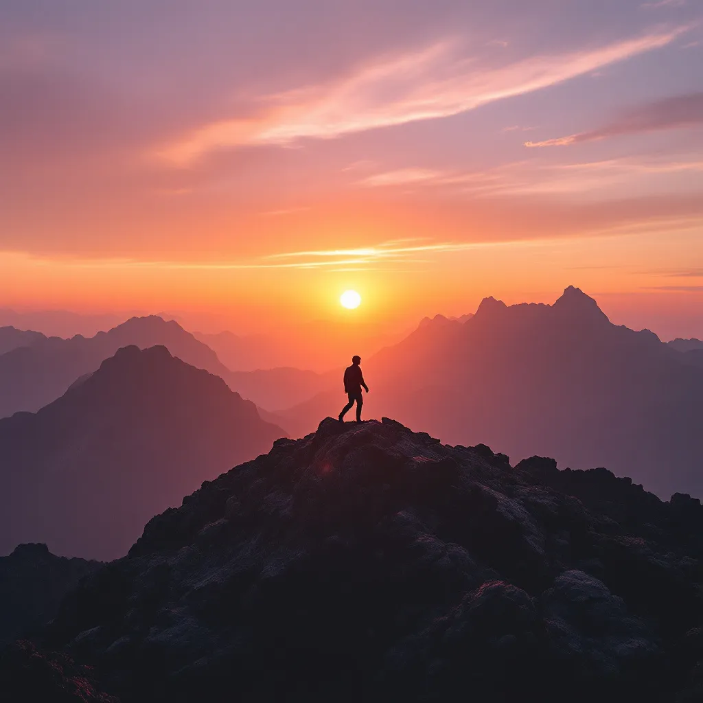 Prompt: THE SILHOUETTE OF A MAN AT SUNRISE WALKING HORIZONTALLY OVER THE SUMMITS OF A MOUNTAIN RANGE