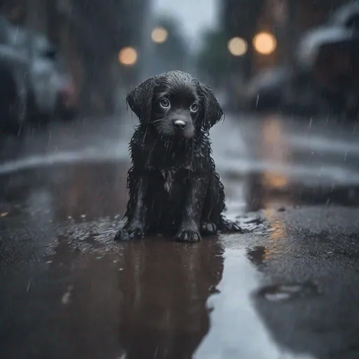 Prompt: sad puppy sitting in a puddle on a dark and rainy day, in the street