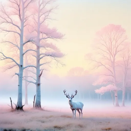 Prompt: white deer, light pink and blue sky, pastel yellow trees, and a thin fogg
