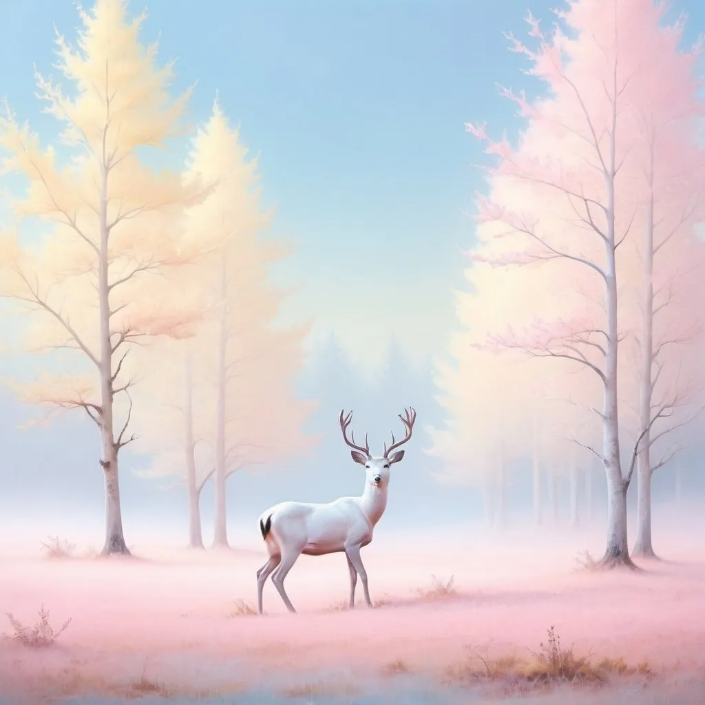 Prompt: white deer, light pink and blue sky, pastel yellow trees, and a thin fogg
