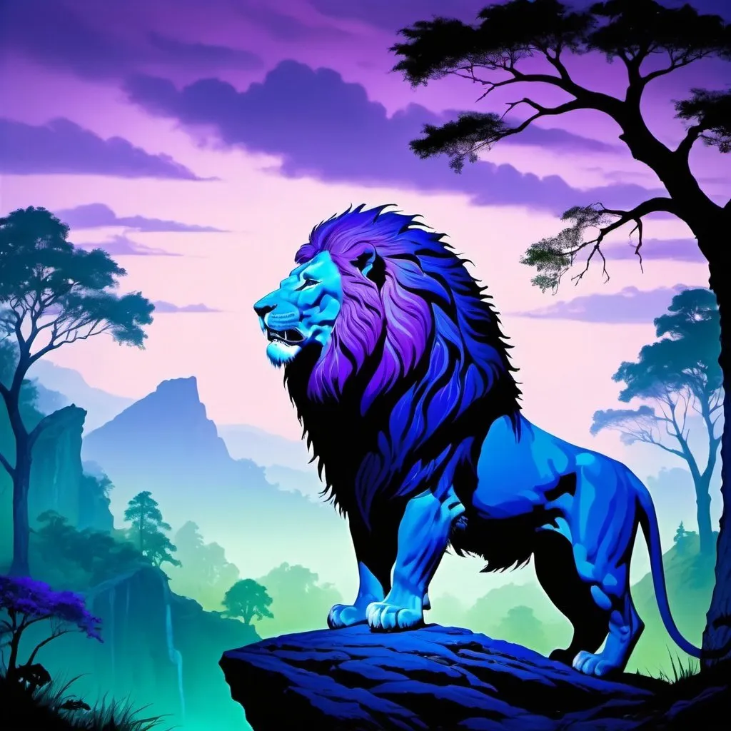 Prompt: blue forest, green lake, purple lion, purple sky, the lion is roaring ontop of a clif
