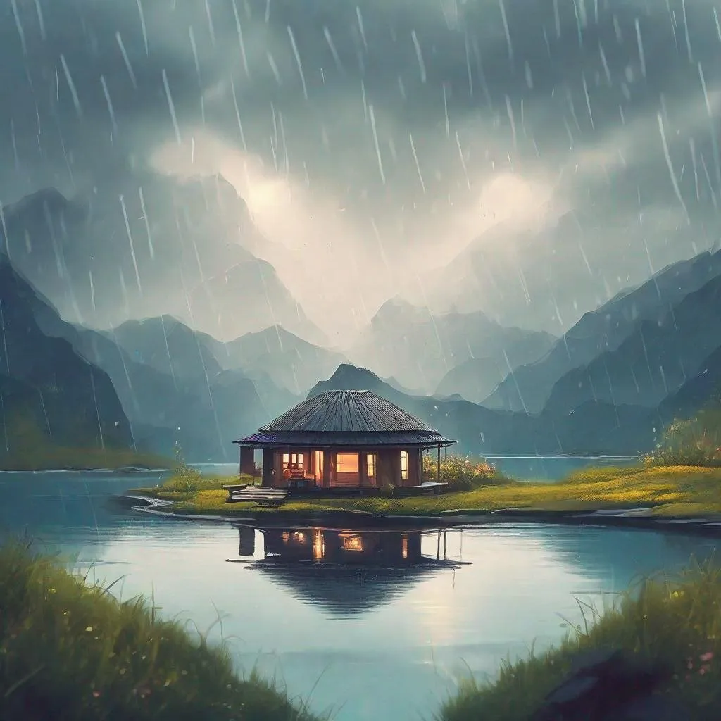 Prompt: a cute villige on top of a lake with beautifull round mauntains in the backgraund, its raining 