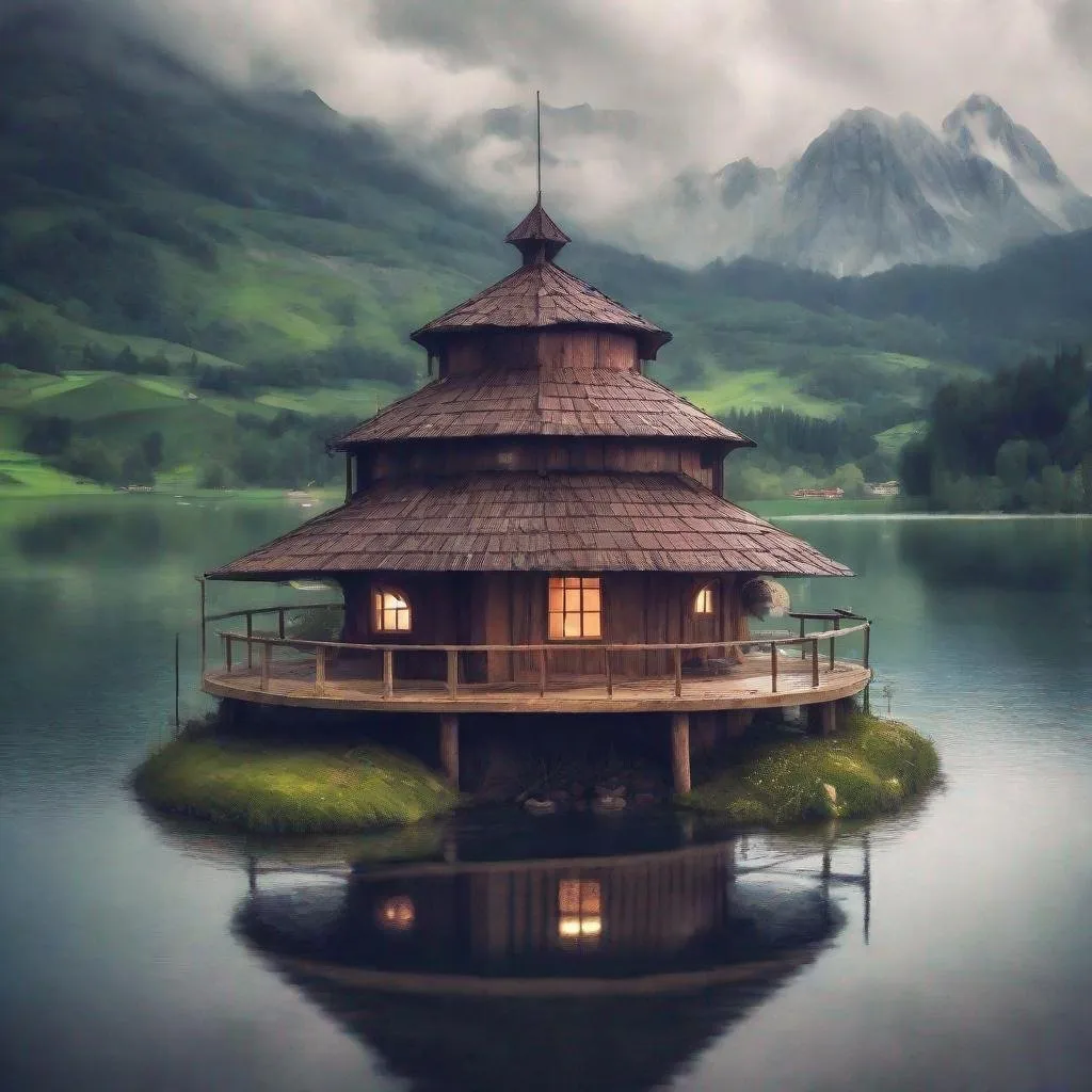 Prompt: a cute villige on top of a lake with beautifull round mauntains in the backgraund, its raining 