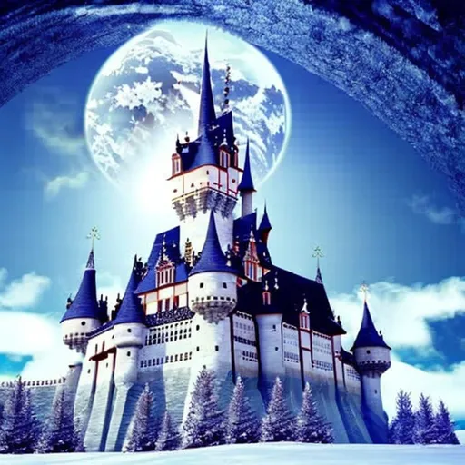 Prompt: huge gothic castle-fortress floating on an island in space, covered with snow, high definition, fantasy magic technology, chiaroscuro lighting, intricate stonework, smooth lines, hyper detailed