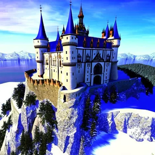 Prompt: huge gothic castle-fortress floating on an island in space, covered with snow, high definition, fantasy magic technology, chiaroscuro lighting, intricate stonework, smooth lines, hyper detailed